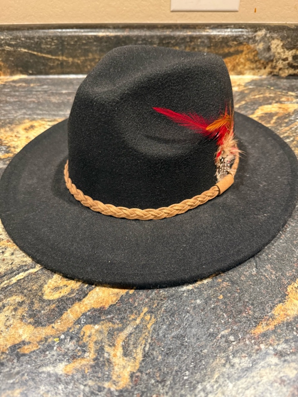 Women’s Black Felt Fedora with Tan Braid and Feather Accent